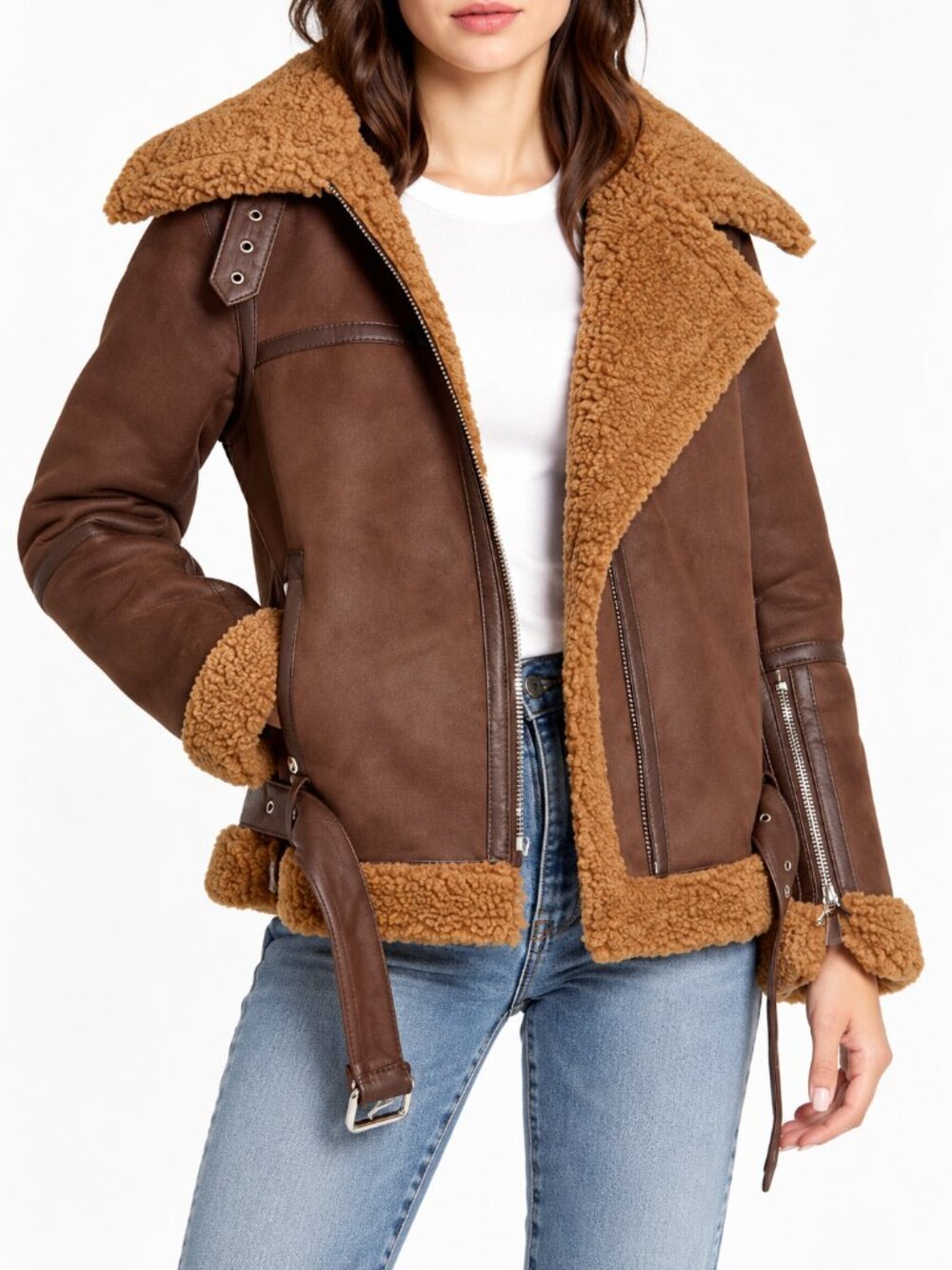 Sam Edelman Women L Brown Faux Shearling Aviator Jacket Moto Biker Y2K